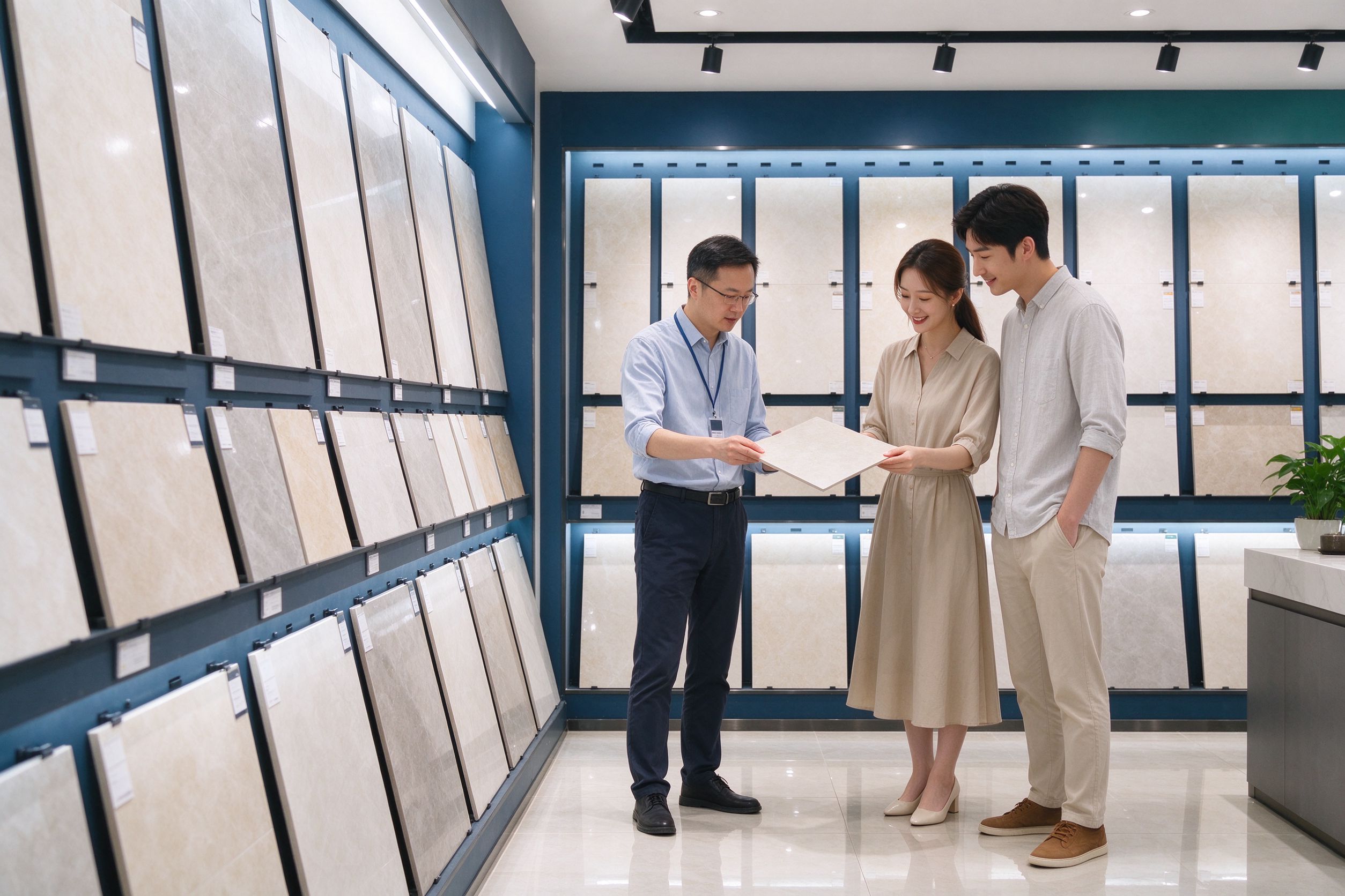 瓷砖展厅设计师与顾客在样品墙前选材